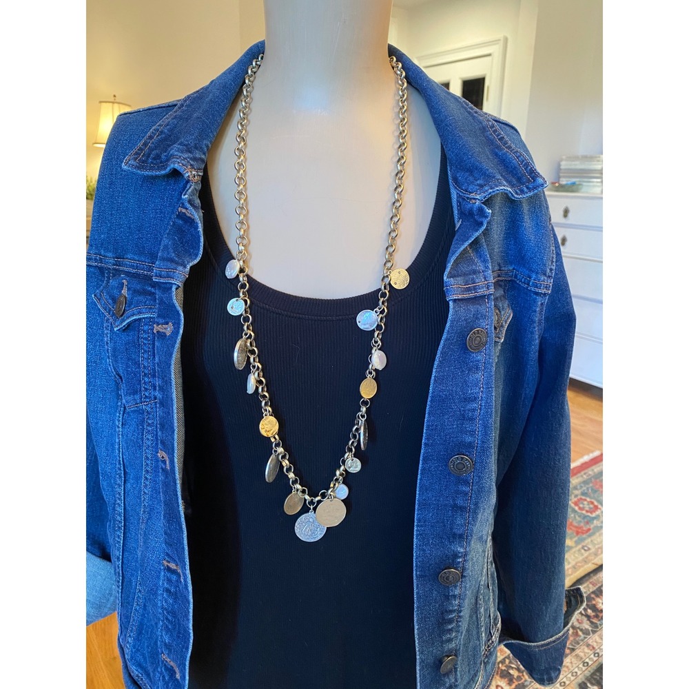 Chicos Long Coin Charm Necklace Mixed Metal Faux Pearl Gold Silver Tone Chain